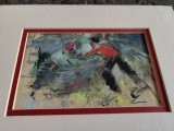 Toreador, guasa pe carton R.Iosif, Iosif ROSENBLUT, semnat, cu passepartout, 10x17 cm, inramat, Abstract