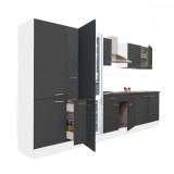 Bucătărie modulară Leziter Yorki 360 cu frigider congelator inferior, lățime 360cm, corp alb, fațade gri antracit