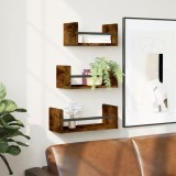 vidaXL Set rafturi de perete cu bare, 3 buc., stejar fumuriu, lemn