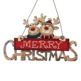 Ornament Brad Crăciun, Vintage, Tăbliță Lemn, &Ccedil;&times;Merry Christmas&Ccedil;Ł Cerbi, Culoare Roșu și Maro, 12x7.5cm, Oem