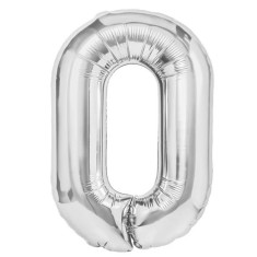 Balon din folie metalizata, flippy, figurina cifra, tema aniversare 80 cm, ambalaj individual, pai inclus, umflare cu aer sau heliu, argintiu, cifra 0