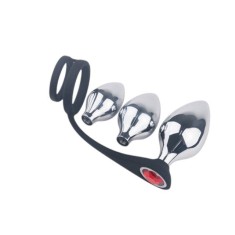 Set plug anal TOYZ4LOVERS Elys Pleasure Bully, 3 dopuri anale cu inel detașabil pentru penis, lungimi 5 - 6.9 cm, argintiu cu negru
