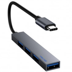 Hub USB-C Type-C cu 4 porturi USB 3.0 pentru laptop si telefon, metalic, slim