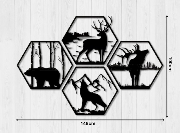 Decorațiune cu animale sălbatice &icirc;n hexagoane, 148x100cm!