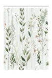 Perdea de duș din material cu frunze și flori &icirc;nflorite, stil cottagecore boho, cu c&acirc;rlige &ndash; alb-gălbui 175x200cm