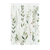 Perdea de duș din material cu frunze și flori &icirc;nflorite, stil cottagecore boho, cu c&acirc;rlige &ndash; alb-gălbui 175x200cm