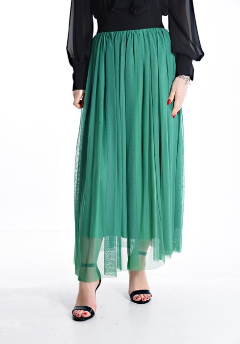 Fusta Tulle Longuette cu jupa si elastic in talie - Verde