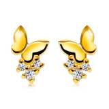 Cumpara ieftin Cercei din aur galben 585 -fluture strălucitor, lustruit &icirc;n oglindă, diamante rotunde, transparente, știfturi