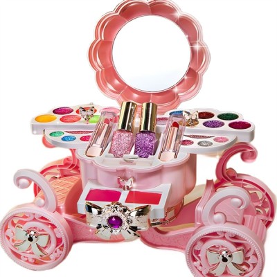 Trusa de machiaj pentru copii cu masuta muzicala si lumini, Set Make-Up, solubile in apa, oglinda si accesorii, Non-Toxic, Roz foto
