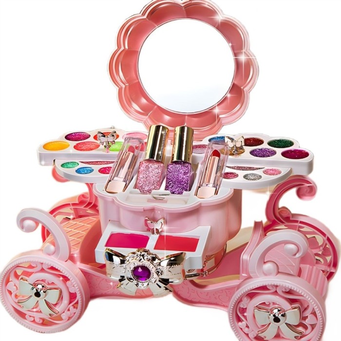 Trusa de machiaj pentru copii cu masuta muzicala si lumini, Set Make-Up, solubile in apa, oglinda si accesorii, Non-Toxic, Roz