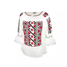 Bluza Tip Ie Traditionala Alba cu Motiv Geometric Rosu de Dama - IMS123