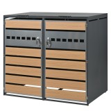 Cutie pentru pubele cu capac rabatabil hidraulic, cu 2 compartimente separate și uși &icirc;ncuiabile, 132x80x118,5 cm, Gri+Culoare naturală