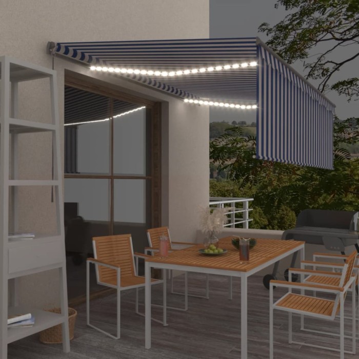 vidaXL Copertină retractabilă manual cu stor&amp;LED, albastru&amp;alb, 4x3 m