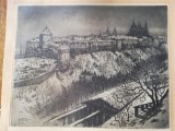 Gravura &quot;Iarna la Praga&quot;,Viktor Stretti,1907, pictor ceh foarte reputat,inramat, Peisaje, Grisaille, Realism