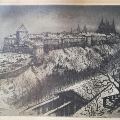 Gravura "Iarna la Praga",Viktor Stretti,1907, pictor ceh foarte reputat,inramat