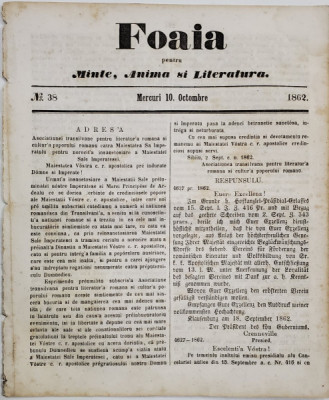 FOAIA PENTRU MINTE , INIMA SI LITERATURA , No. 38 , MIERCURI 10 OCTOMBRIE , 1862 foto