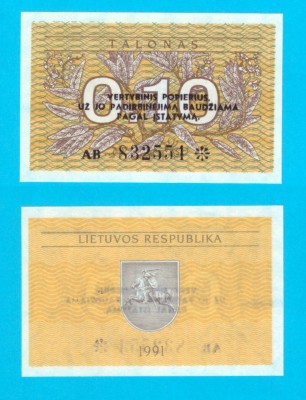 Lituania (p#29b) 0.1 Talonas 1991 UNC &amp;#039;&amp;Icirc;nlocuitorul Rublei Sovietice&amp;#039; Cu text pe valoare foto