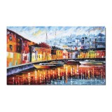 Tablou apus de soare cu veliere in port pictat manual, 100x60cm ulei pe panza in cutit efect 3D, Spectaculos