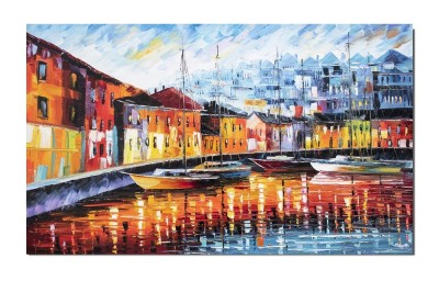 Tablou apus de soare cu veliere in port pictat manual, 100x60cm ulei pe panza in cutit efect 3D, Spectaculos foto