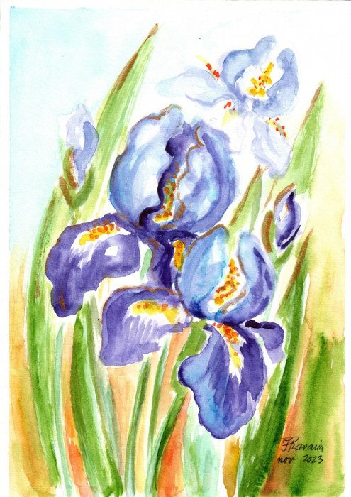 E97. Tablou original, Irisi violet aurii, acuarela pe hartie, neinramat, 21x29cm