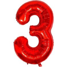 Balon din folie metalizata flippy, figurina cifra, tema aniversare 80 cm, ambalaj individual, pai inclus, umflare cu aer sau heliu, rosu, cifra 3