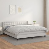 VidaXL Pat box spring cu saltea, alb, 180x200 cm, piele ecologică