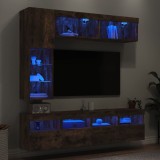vidaXL Comode TV de perete cu lumini LED, 7 piese, stejar fumuriu