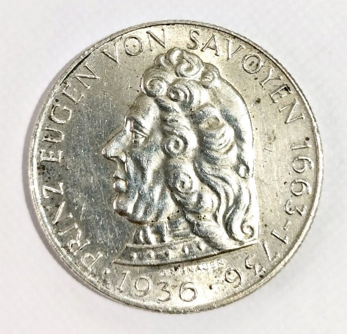 AUSTRIA 2 SCHILLING 1936 PRINTUL EUGEN DE SAVOYA ARGINT XF AUNC