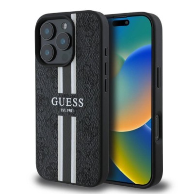 Husa pentru iPhone 16 Pro - Guess Hardcase 4G Printed Stripes MagSafe (GUHMP16LP4RPSK) - Black foto