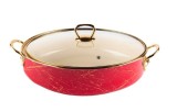 Cumpara ieftin Cratita joasa emailata, 26x6.5cm, 4 litri, manere titan aurii, capac sticla, inclusiv inductie, Goldmann, rosie