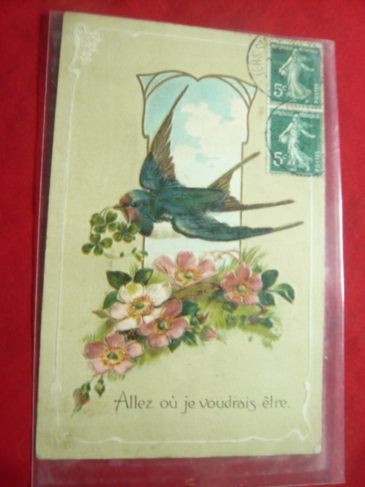 Ilustrata TCV cu 2 timbre - Randunica mesager , piesa de autor,cu relief , 1908