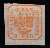 ROMANIA 1862 LP 8 PRINCIPATELE UNITE EMISIUNEA I - 3 PARALE PORTOCALIU ROSCAT GUMA ORIGINALA SARNIERA