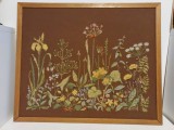 Tablou cusatura de mana pe panza, ierburi / flori, 58 x 49c,, rama lemn