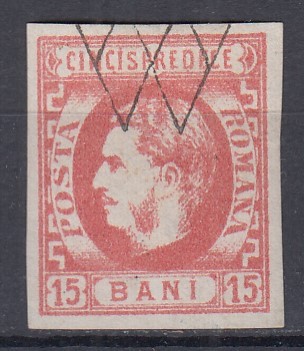 ROMANIA 1869 LP 27 CAROL I CU FAVORITI 15 BANI ROSU STAMPILA GRATAR USOARA SUBTIERE LA BAZA GATULUI foto