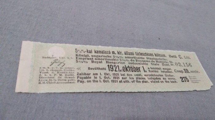 CUPOANE DE TREZORERIE CU REDUCERE 1921 UNGARIA
