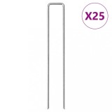 Țăruși Păm&acirc;nt U 20x3.5cm, Oțel Galvanizat, Set 25 Bucăți, Argintiu, VidaXL, Fixare Folie, Gazon, Prelată, Elemente de Gard