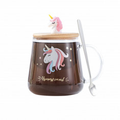 Cana din sticla cu capac din bambus Pufo Unicorn, pentru cafea sau ceai, 350 ml, transparent