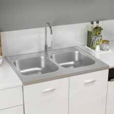 vidaXL Chiuveta bucatarie cu 2 cuve, argintiu, 800x600x155 mm, o?el foto