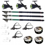 Set pescuit cu 3 lansete 2.4m eastshark, 3 mulinete dpr200, 3 lanterne frontale led, 3 gute si 3 monturi