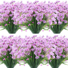 8 Buchete De Flori Artificiale Rezistente la UV, Roz Cu Frunze Verzi, 33 cm