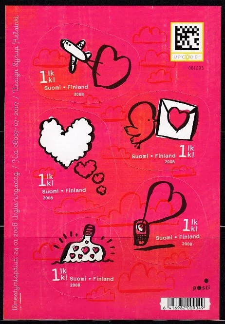 Finlanda 2008 - Valentine&#039;s Day, bloc timbre autocolant neuzat