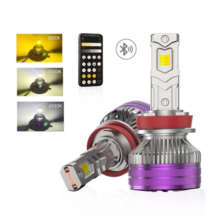 Set 2 Becuri Auto H8 / H11 LED CSP 160W 3000K 4300K 6500K Galben-Alb Reglabil Din Aplicatie, 16000LM Canbus, Fara Eroare de Bec Ars, cu Ventilator pen