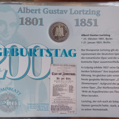 GERMANIA - FDC + MONEDA PROOF - 10 MARK 2001 J, 200 ANI NASTEREA LUI AG LORTZING