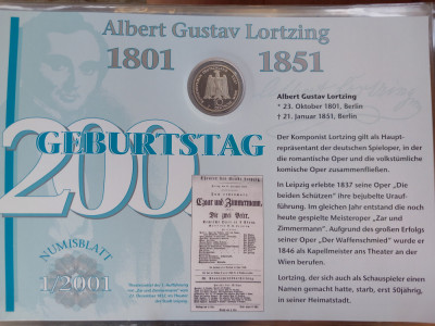 GERMANIA - FDC + MONEDA PROOF - 10 MARK 2001 J, 200 ANI NASTEREA LUI AG LORTZING foto