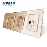 Priza cvadrupla Livolo cu rama din sticla aurie, 3 prize + TV/internet