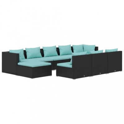 Set mobilier de gradina cu perne, 10 piese, negru, poliratan foto