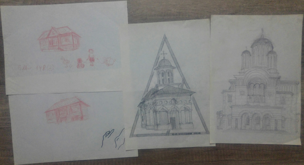 Lot 4 schite arhitecturale, case si biserici// creion pe hartie, Istorice,  Acuarela, Altul | Okazii.ro