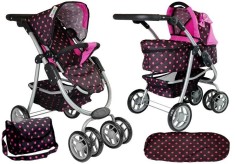 Carucior pentru papusi, negru cu buline roz, 2 in 1, LeanToys, 7706