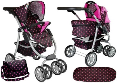 Carucior pentru papusi, negru cu buline roz, 2 in 1, LeanToys, 7706 foto