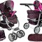 Carucior pentru papusi, negru cu buline roz, 2 in 1, LeanToys, 7706
